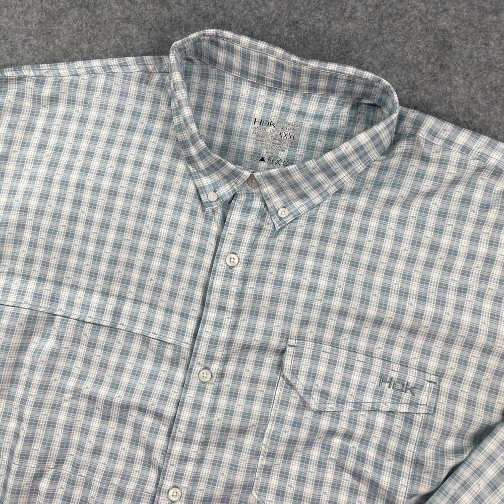 Huk Mens Button Down Shirt XXXL Light Blue Plaid Stretch Long Sleeve